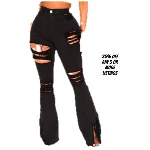 Distressed Denim Jeans Black Plus Size 3X Ripped Frayed Flare Wide Leg Fringe